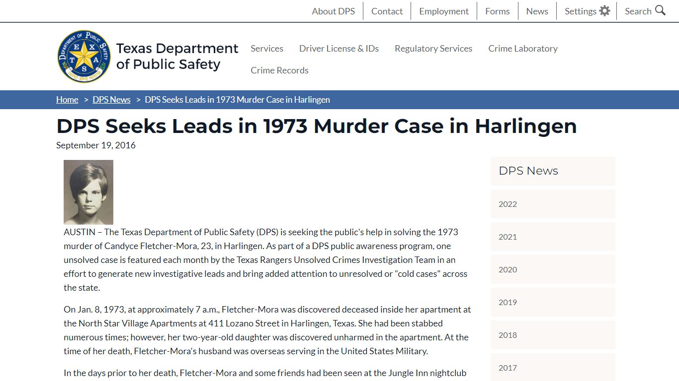 DPS Seeks Leads in 1973 Murder Case in Harlingen